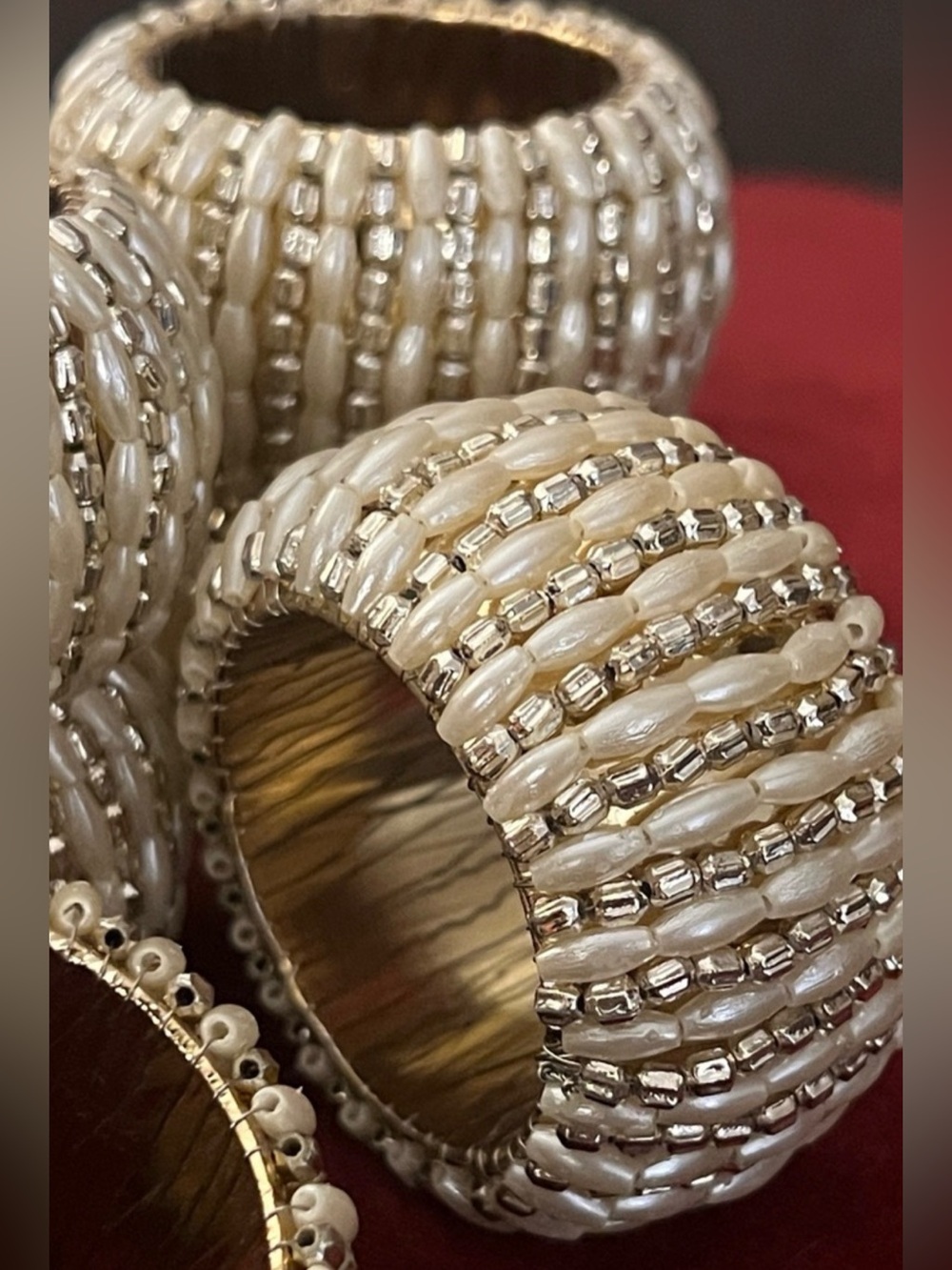 Set of 8 Artisan Pearl and Gold Beaded Napkin Rings